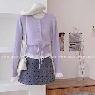 紫色内搭独特绝美毛衣女春秋设计感韩系穿搭荷叶边系带针织衫上衣