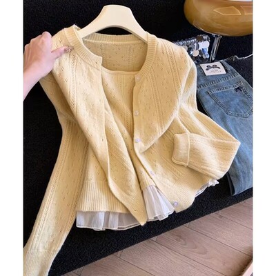 镂空针织开衫女两件套毛衣外套