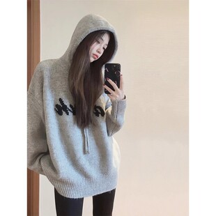 美式复古字母刺绣长袖连帽针织毛衣女冬季宽松显瘦中长款百搭上衣