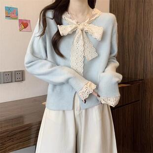 奶呼呼蓝色蝴蝶结针织衫女装春秋季内搭打底衫独特别致超好看上衣