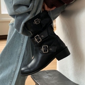 饰与美韩国东大门秋冬新款 圆头低跟皮带扣帅气堆堆套筒中筒靴百搭
