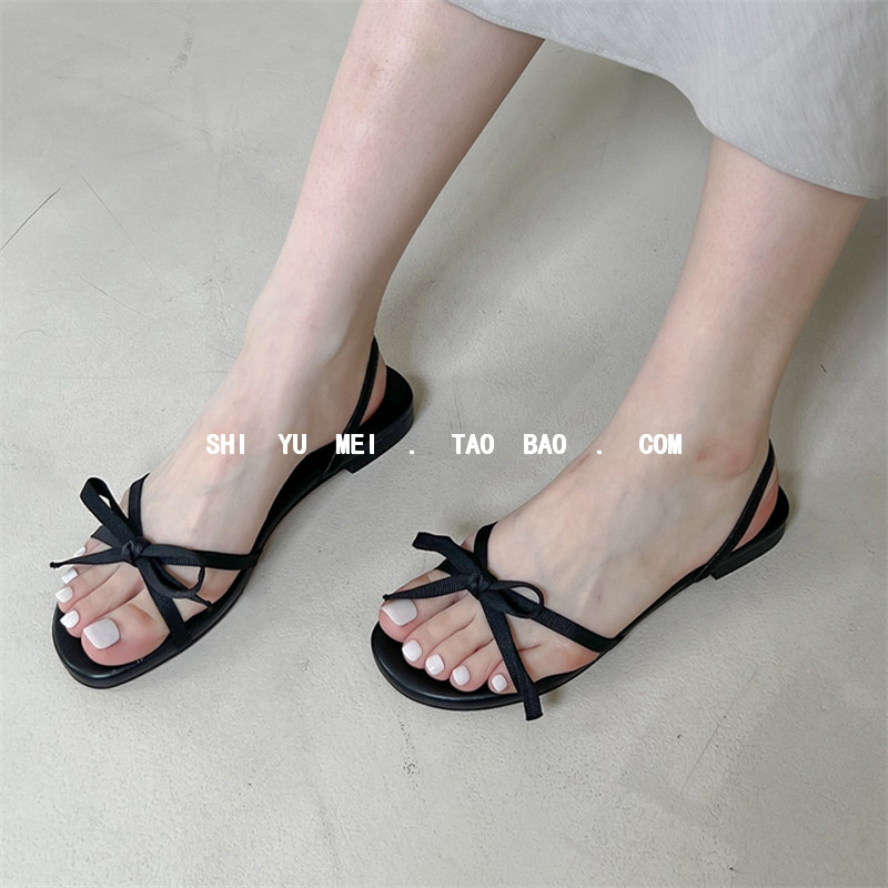 饰与美韩国东大门夏季新款露趾细带蝴蝶结简约甜美低跟一脚蹬凉鞋