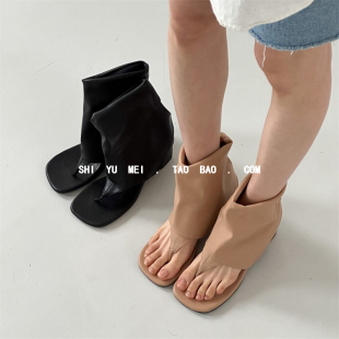 管凉靴女 短靴方头夹趾粗跟套筒休闲裤 饰与美韩国东大门新款 春夏季