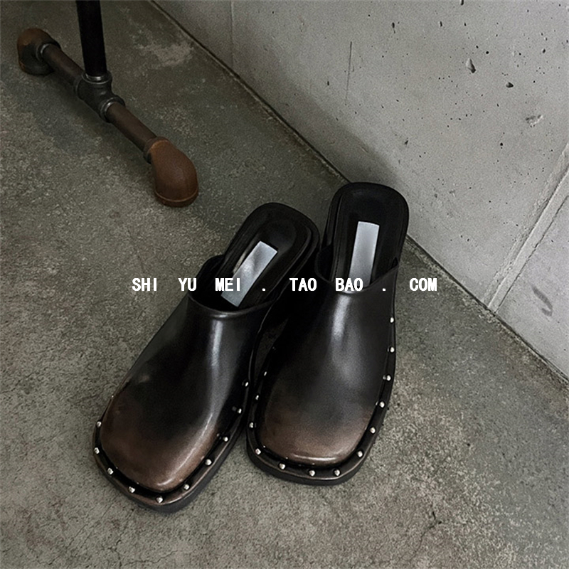 韩版粗跟半拖鞋渐变色单鞋