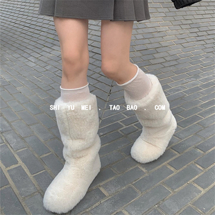 饰与美韩国东大门冬季 雪地靴圆头平底毛毛靴加绒保暖中筒靴女 新款