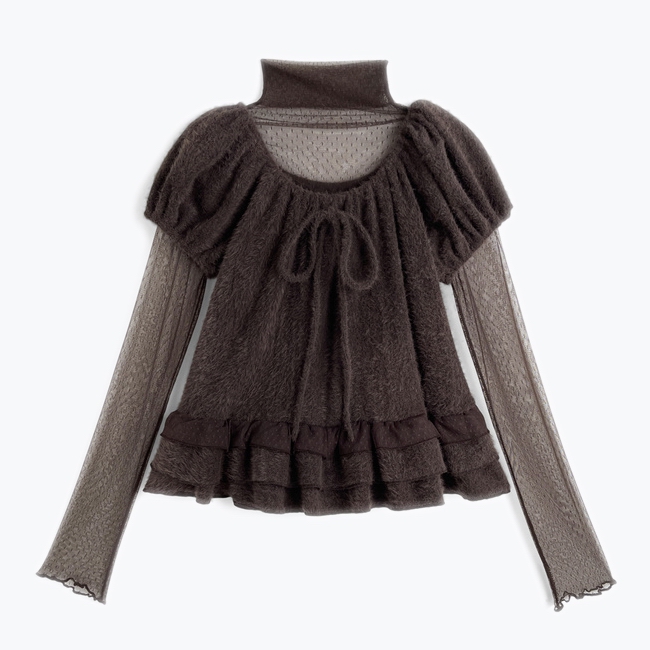 甜美小清新透视小水玉点网纱袖蝴蝶结两件套方领上衣T恤女装