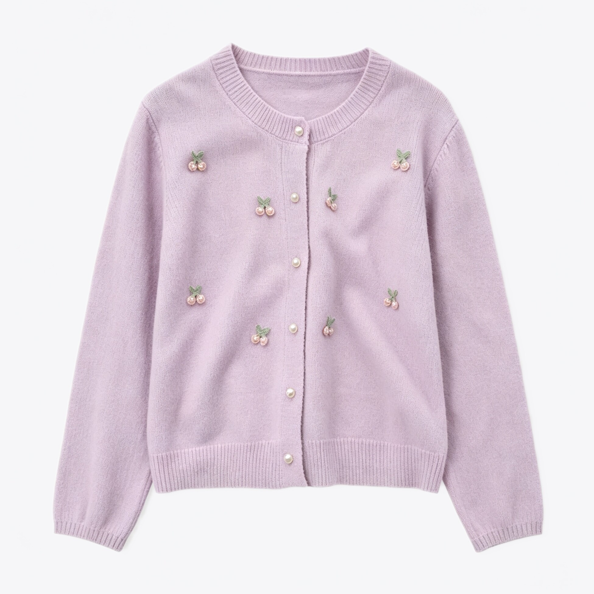 甜美减龄小青色马卡龙糖果色樱桃立体花针织毛衣圆领长袖开衫女装