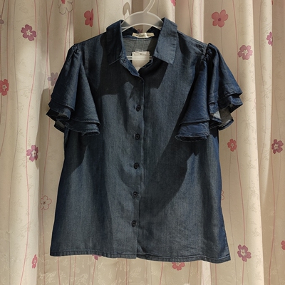 MAJESTIC甜美百搭天丝牛仔色耐用小飞袖衬衫上衣衬衣日系女装