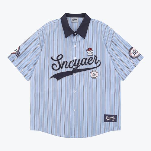 棒球小狗竖条纹短袖衬衫男女通用同款学院风减龄休闲百搭衬衣潮