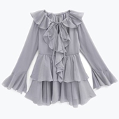 仙女短裙日系女装 GR荷叶边花瓣长袖 V领蝴蝶结连衣裙女神款