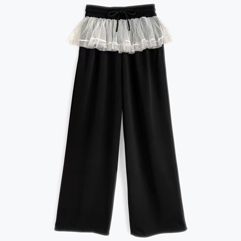 甜美百搭蕾丝拼接松紧腰围休闲直筒长裤有前口袋女装