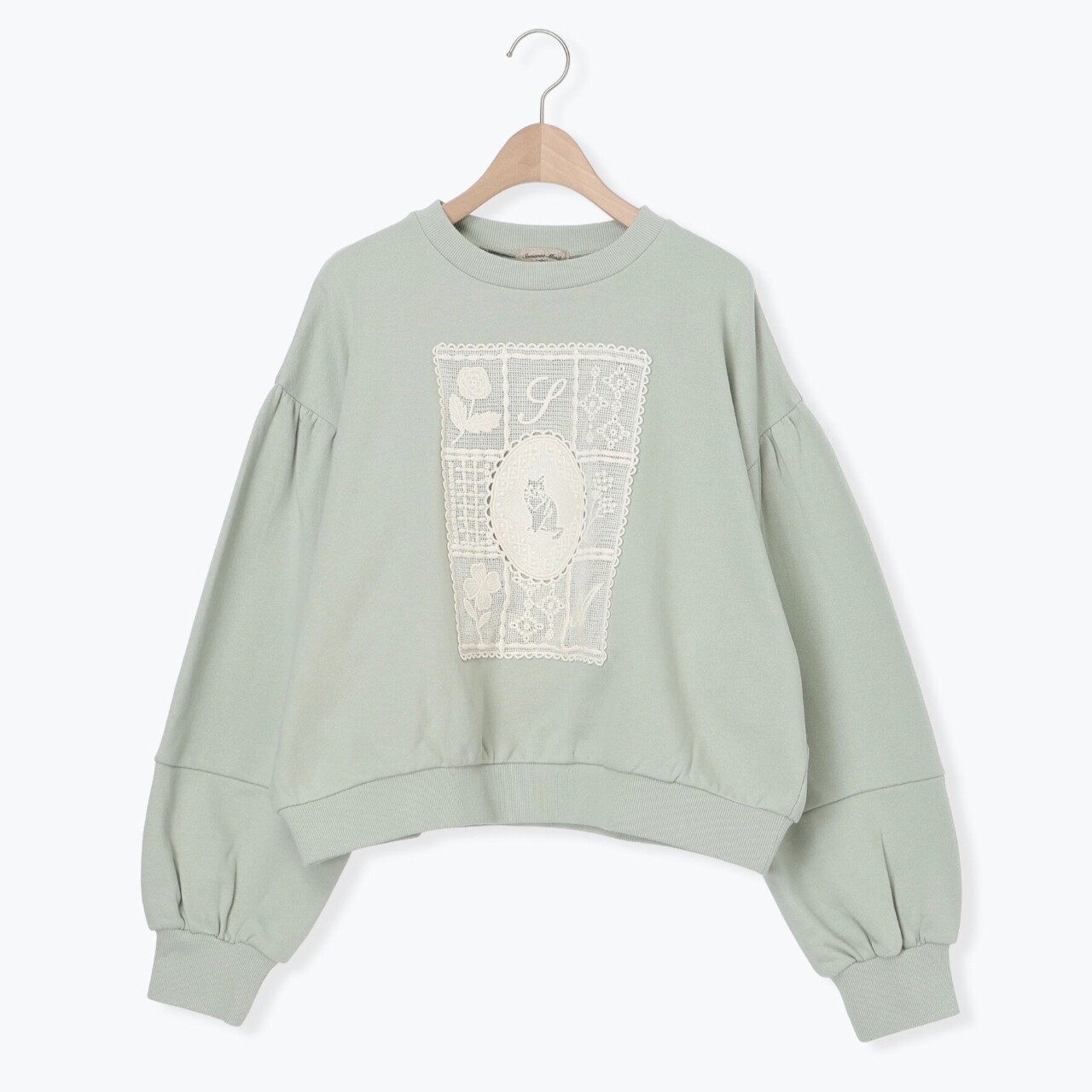 SM2甜美小清新猫咪蕾丝刺绣宽松百搭纯棉圆领长袖短款卫衣T恤女装