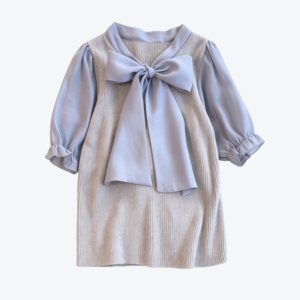 甜美百搭弹性透视袖拼接大蝴蝶结甜美针织上衣女装