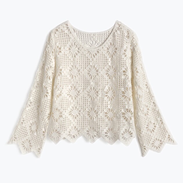 甜美百搭钩花镂空花长袖白色套头罩衫搭配纱裙仙女半身裙上衣女装