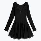 A字裙摆性感短裙黑色连衣裙女装 甜美百搭弹性修身 蕾丝长袖