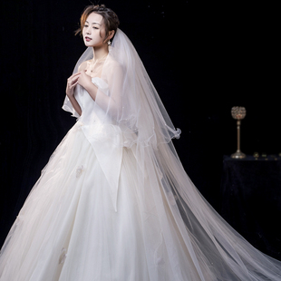 头纱新年主婚纱卷边珍珠蓬蓬头饰超仙森系盖头超长拖尾张馨予同款