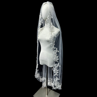 蕾丝花边拍照头纱领证登记白色头纱 新款 新娘结婚主婚纱头纱中长款