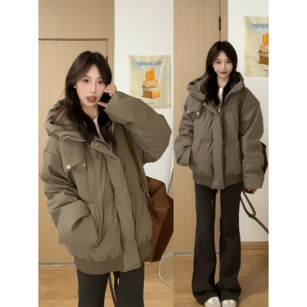 咖色连帽棉衣棉服外套女2024年新款冬季韩系穿搭美式复古棉袄外套