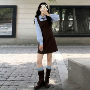 韩系巨好看穿搭一整套装 2026年新款 连衣裙子女冬季 假两件背带衬衫