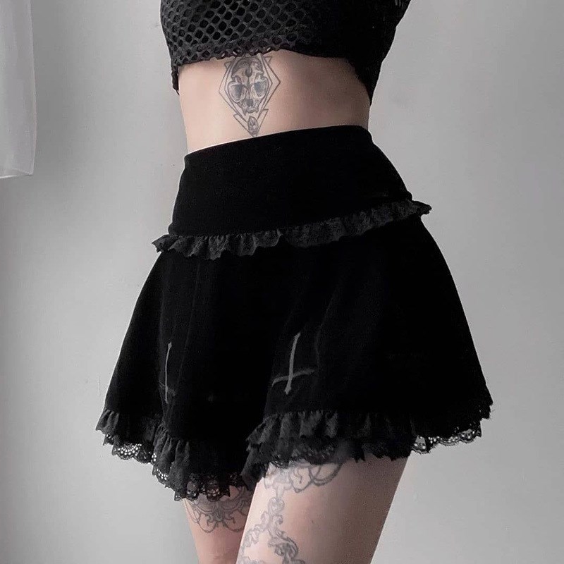 Embroidered lace suede skirt暗黑设计刺绣蕾丝花边绒面半身裙女
