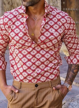 2022欧美秋季男士长袖宽松大码衬衣翻领休闲沙滩衬衫Men's sh