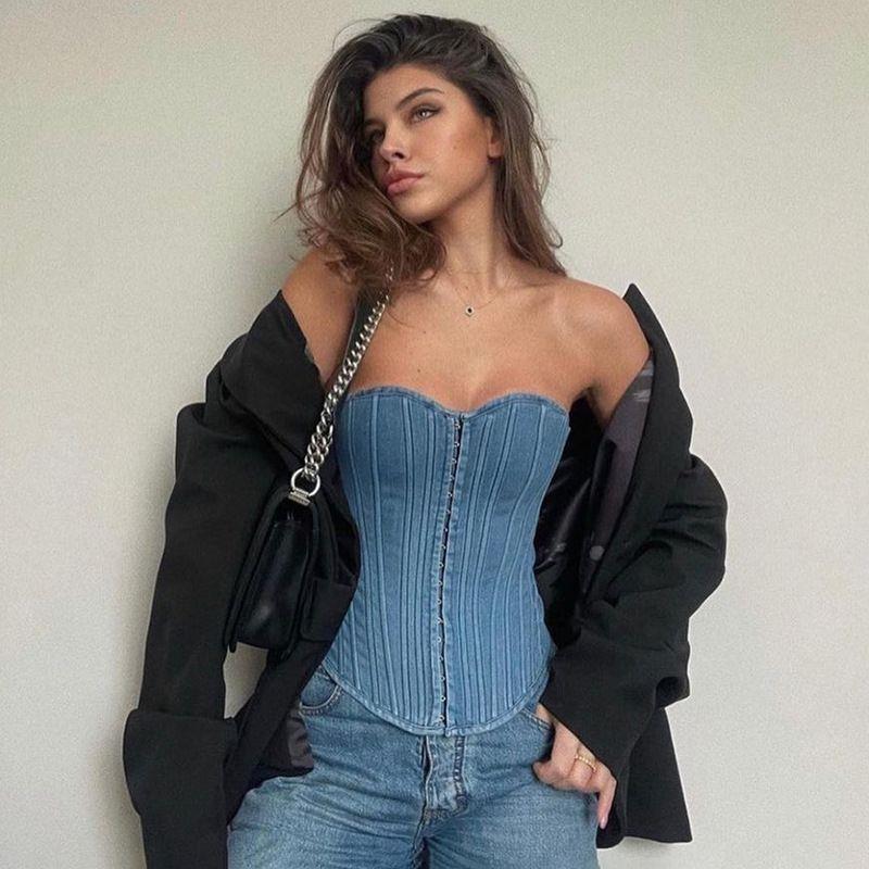 Denim Corset Women Crop Tube Top Summer Off Shoulder Bustier