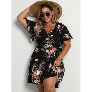 print flower dresses 大码 深V印花海边沙滩裙 fat 连衣裙 women