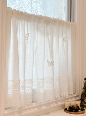 免打孔田园风纯棉布白色半透光蝴蝶厨房半帘卫生间小窗帘遮丑帘