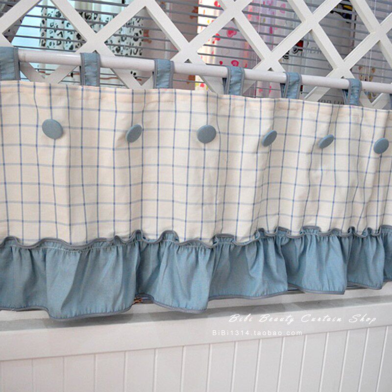 地中海风格蓝白格子小半帘厨房半帘门帘窗帘成品 可定做 短窗帘