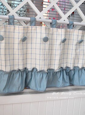 地中海风格蓝白格子小半帘厨房半帘门帘窗帘成品 可定做 短窗帘
