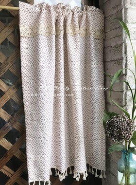 马小萌布艺美式田园米色菱形涤棉遮丑小窗帘半帘门帘衣柜帘可定制