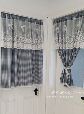 免打孔田园风蓝白格子小窗帘半帘遮挡帘短帘卧室门帘厨房窗帘定制