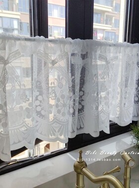 免打孔穿杆魔术贴白色波浪经编蕾丝纱蝴蝶结厨房小半帘小门遮丑帘