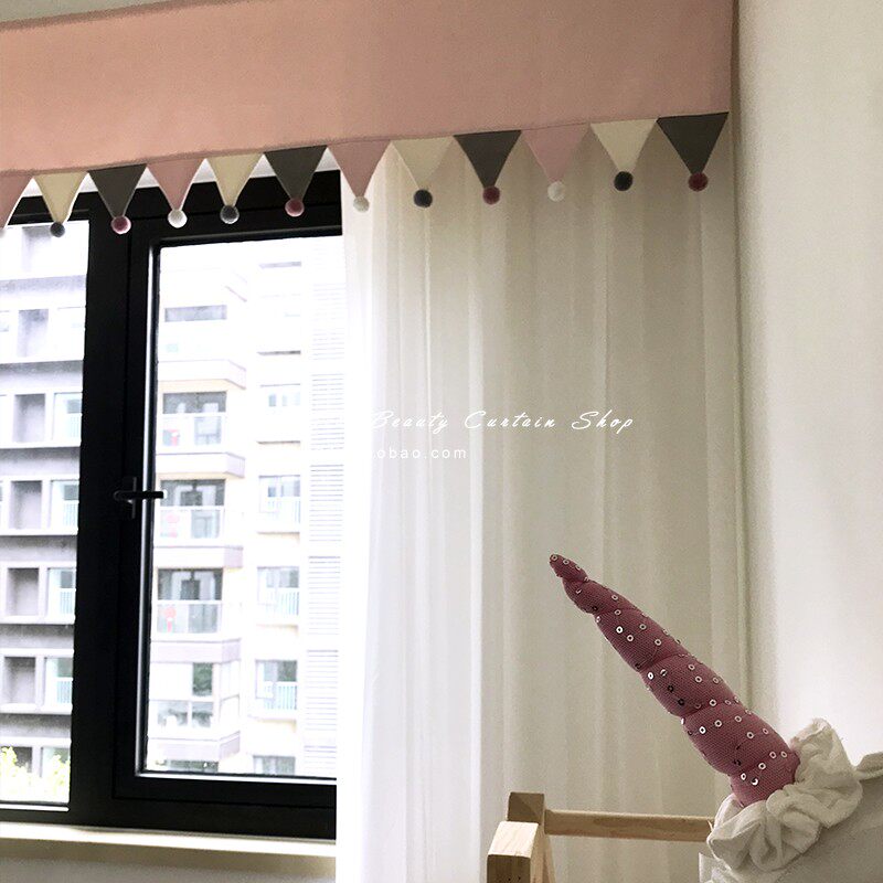 北欧儿童玩具房卧室派队三角旗装饰落地窗帘透光雪纺纱帘定制