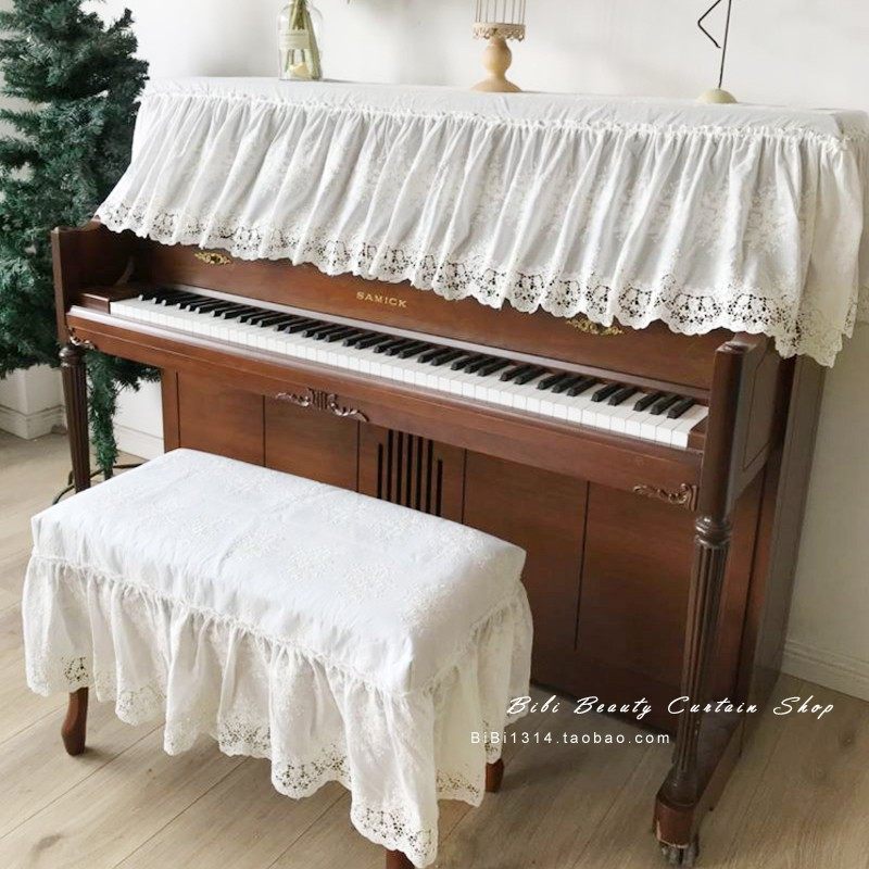 马小萌白色纯棉法式绣花水溶荷叶边式立式钢琴防尘盖巾