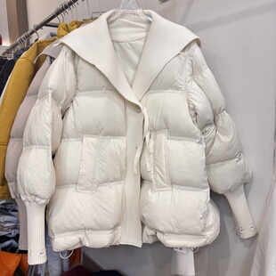 针织大翻领中长款 新款 洋气羽绒服女白鸭绒保暖外套潮 2025冬季 欧版