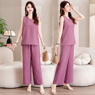 两件套大码 棉绸无袖 上衣九分裤 中老年女装 2026夏季 人造棉套装 新款