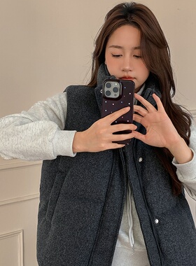 2025秋冬新款灰色毛呢高级感显瘦加厚羽绒棉服女马甲时尚外穿背心