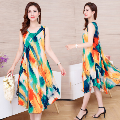 妈妈装人造棉印花无袖大摆中长裙