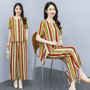 家居睡衣 妈妈中老年人造棉上衣九分裤 棉绸套装 女外穿夏两件套短袖