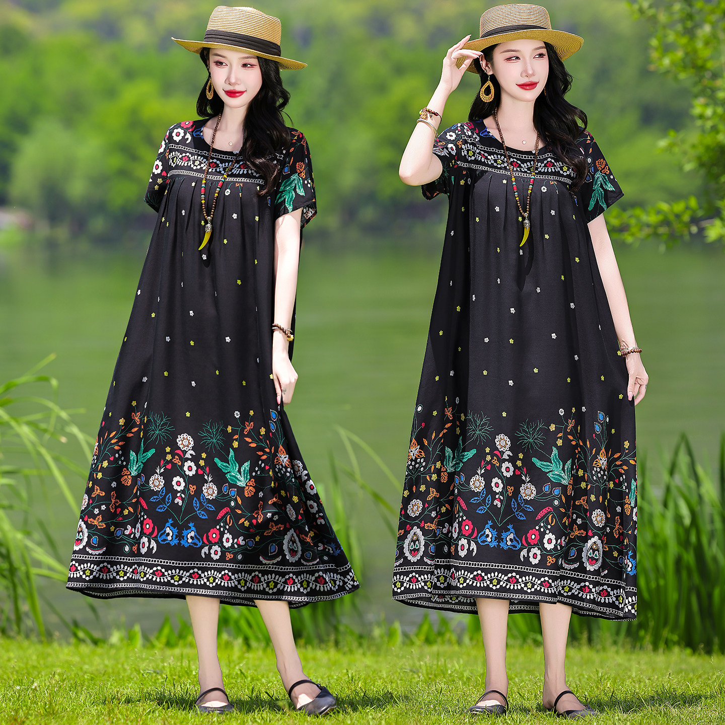 中老年棉绸连衣裙夏季高端裙子图片