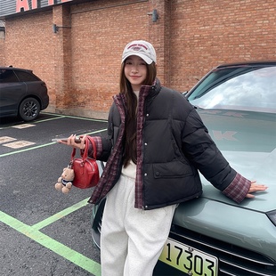 百搭格子拼接立领棉衣外套面包服 时尚 保暖羽绒棉服女2025冬季 新款