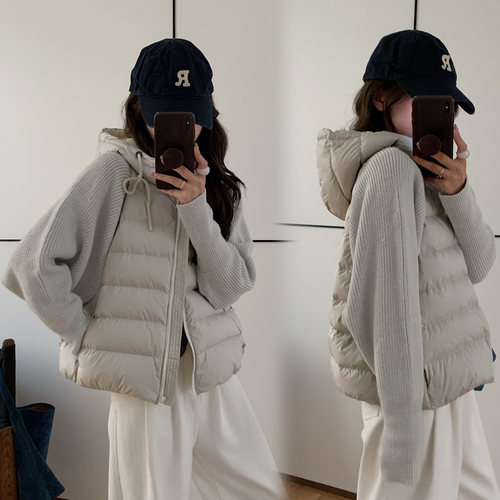 轻薄针织毛衣袖拼接羽绒棉服短款