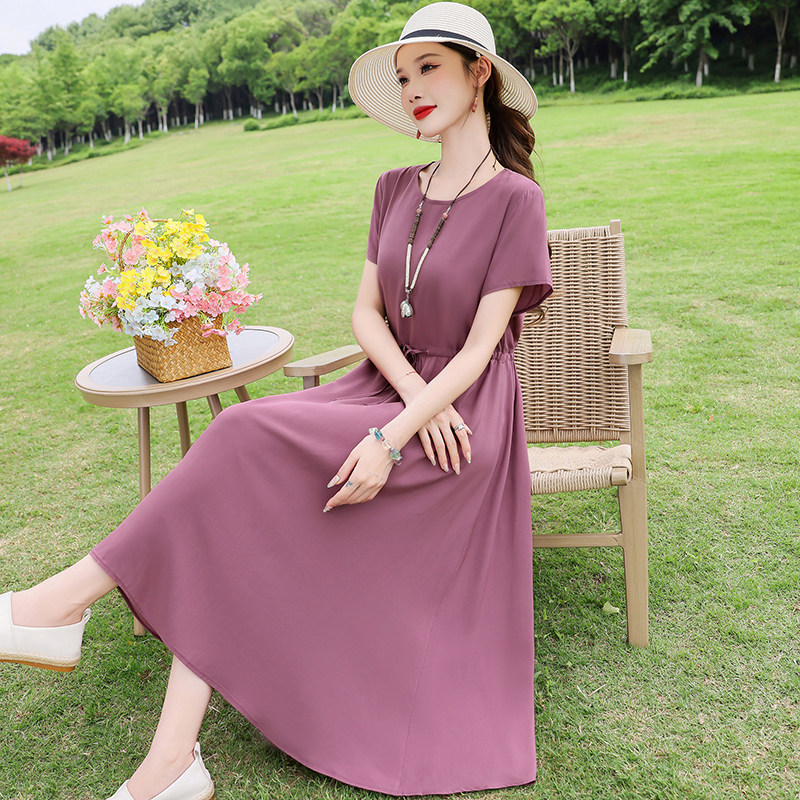 2026夏季妈妈装棉绸连衣裙女中长款大码气质收腰显瘦系带纯色裙子