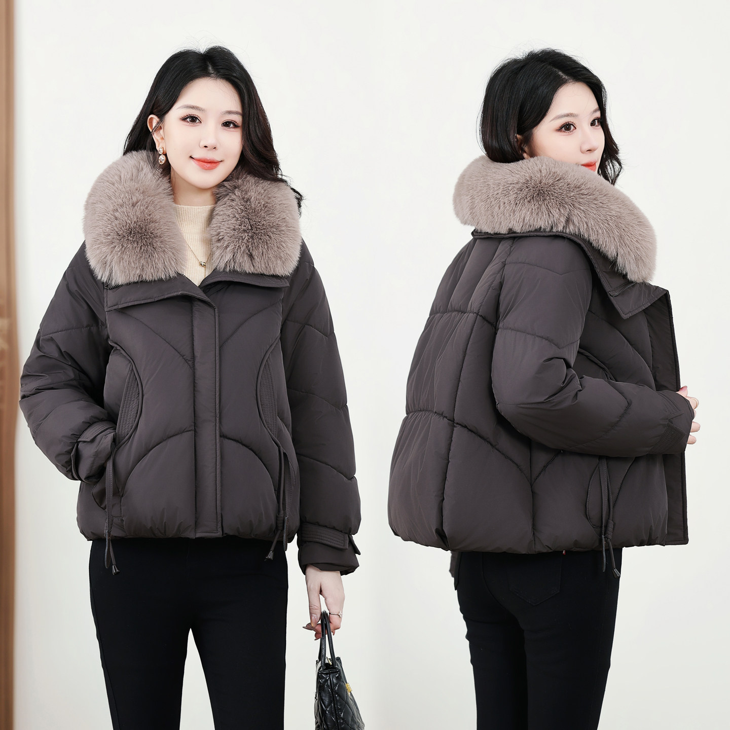 时尚高级感大毛领短款羽绒棉服女加厚保暖小个子宽松棉衣外套冬季