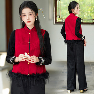 新款新中式日常缎面红色中式显贵马甲女国风驼鸟毛上衣女中东氨纶