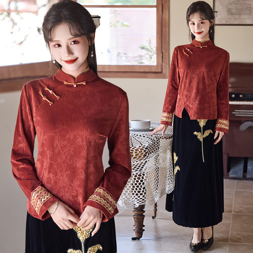 新中式国风盘扣丝绒衬衫女