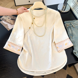 中袖 新款 国风暗花缎面手工盘扣圆领长袖 新中式 衬衣 2026春夏新款