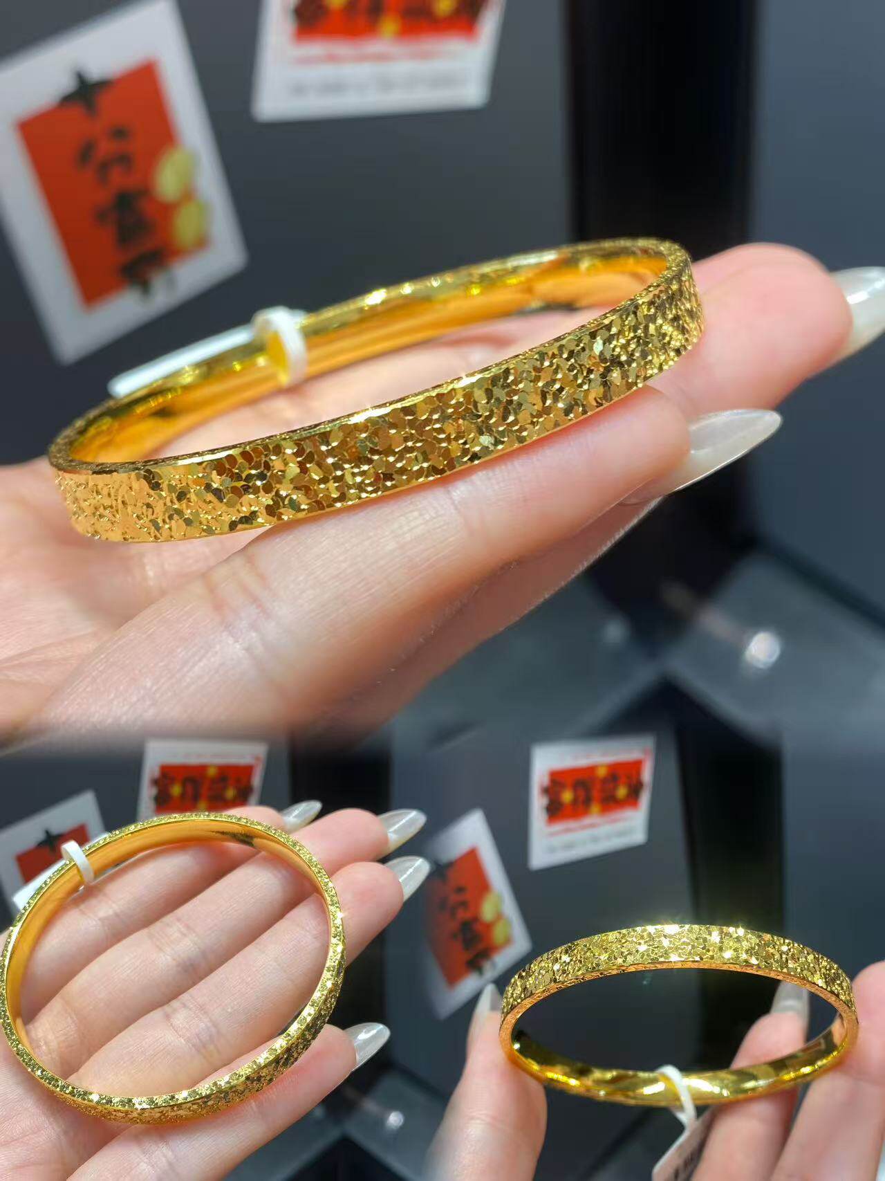 深圳水贝爆闪足金999金镯子碎碎冰手镯黄金三面个性时尚手环送礼