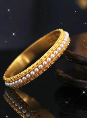 深圳水贝古法金婉容手镯足金999花丝镶嵌珍珠黄金镯子宫廷送礼